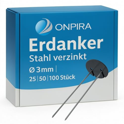 Onpira® Erdanker mit 50 mm Pufferscheibe, 150x30 mm, Ø 3 mm verzinkt – 25 Stück Bodenanker für Unkrautvlies, Gartenvlies & Netze – stabile U-Form Erdnägel für Garten, Gewächshaus & Befestigung