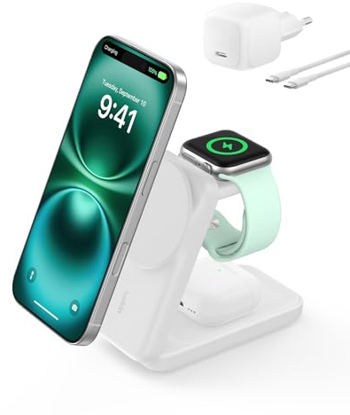 Belkin UltraCharge Chargeur Induction 3 en 1 Qi2, Station de Charge Magnétique 25W, Chargeur sans Fil avec MagSafe pour iPhone 17, iPhone Air, Apple Watch, AirPods, Pixelsnap avec Chargeur 45W, Blanc