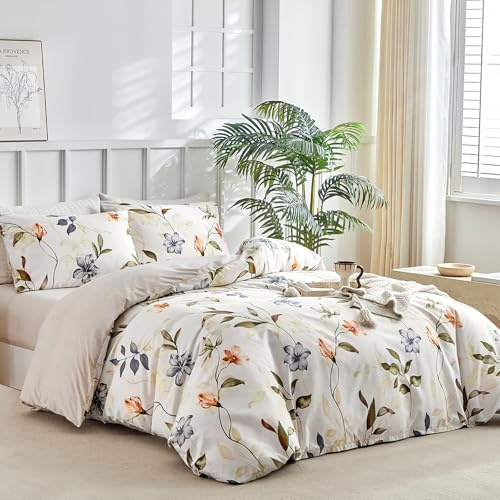 Lekesky Ensemble de housse de couette taille King 4 pièces en microfibre douce avec imprimé floral blanc Ensemble de literie taille King avec 1 housse de couette 230x220 cm, 2 taies d'oreiller