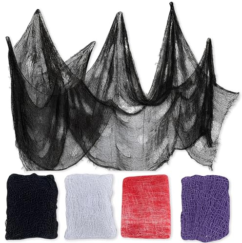 4 Stück Halloween Gruseliges Tuch Dekorationen 183cm X 76cm, Halloween Deko Outdoor und Innen, HalloweenGruseliges Gaze Tuch, Für Eingangsbereich, Haustür, Fenster (Blutarot Weiß lila schwarz)