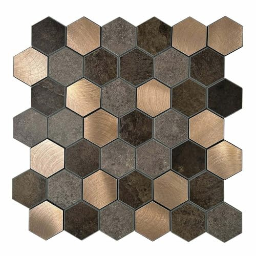 Selbstklebende Mosaik-Wandpaneele Wandverkleidung – Hexagon mit V-Fuge in Bronze, Braun, Kupfer & Gold – Modell MK20 | Selbstklebemosaik für Küche, Bad & Wohnzimmer