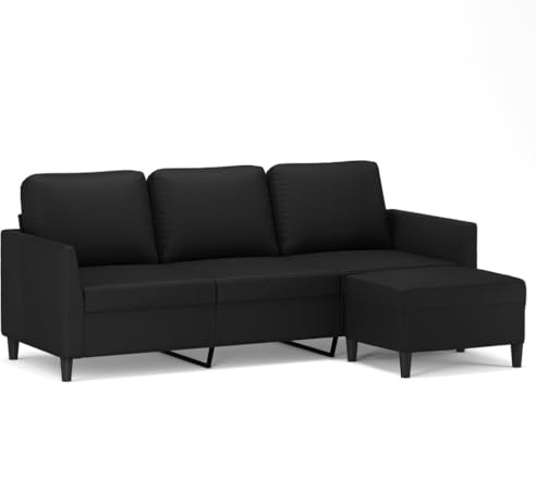 CIOURSTO Ledersofa 3-Sitzer, mit Hocker, Kunstleder, Modernes Design, Stabil, Bequemes Sitzerlebnis, Vielseitiger Hocker (Schwarz)