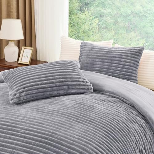 Brillars Ribbed Teddy Fleece Duvet Cover Set – Soft, Fluffy, and Warm Chunky Winter Bedding with Pillowcases, Easy-Care Luxury Quilt Covers (Grey, Double)