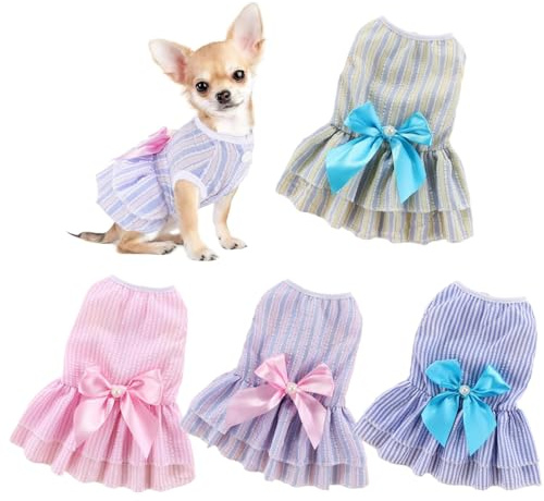 Lot de 4 Robes pour Chien, vêtements pour Petit Chien à Rayures Verticales avec nœud Papillon, vêtements Mignons, Doux, Confortables et Respirants pour Chiot Chihuahua Yorkies Chiot Chat