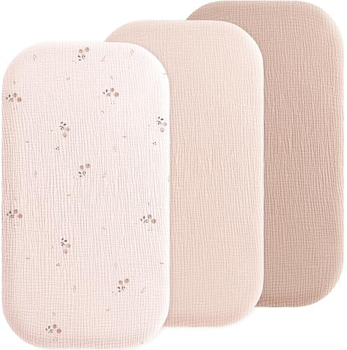 Susurration Juego de 3 sábanas bajeras ajustables de muselina de 84 x 43 cm, 100 % algodón, protector de colchón para cochecito de bebé (rosa)