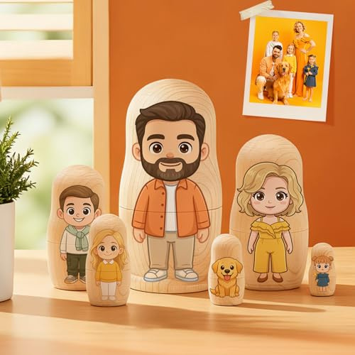 Soview Familien Personalisierte Matroschkas mit Foto Russische Puppe Matroschka aus Holz Matruschka Russian Nesting Dolls Dekorationen für Zuhause & Geschenk für Mama Papa Oma