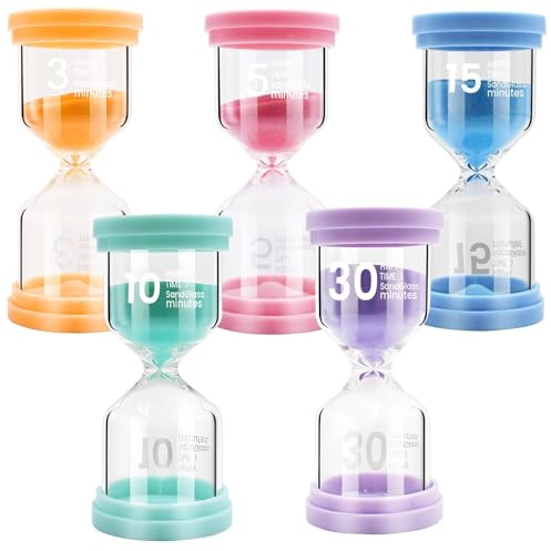 Packool Collection de sabliers colorés (3, 5, 10, 15, 30 minutes), minuteur visuel pour jeux éducatifs et cuisine, outils de gestion du temps dans les couleurs pastel (lot de 5)