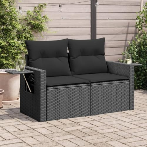 Holamys Gartensofa mit Kissen 2-Sitzer Schwarz, Poly Rattan Lounge Set, UV-beständig, mit Stauraum, klappbaren Tischen, wasserfestem Beutel, für Terrasse, Balkon, Garten