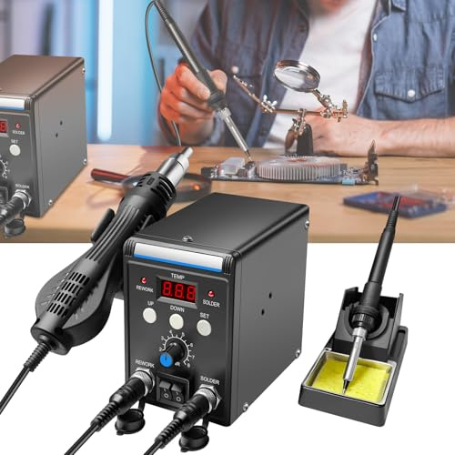 2-in-1 Hot Air Soldering Station Kit with 3 Nozzles – 700W Adjustable Temperature 100°C to 500°C, Digital Display & Heat Gun for Electronics, Phone and Circuit Board Repair
