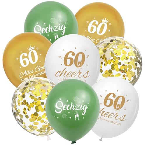 ALEGRE® Deko 60 Geburtstag Frau, 24 Stk Salbeigrüne Gold Luftballon 60. Geburtstag Deko,60 Alles Gute zum Geburtstage Ballons,Geburtstagsdeko 60 Frau Mann,Happy Birthday Ballon für 60 Jahre Party Deko