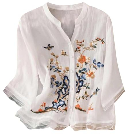 Camisas Mujer Manga Corta Bordado Verano Algodón y Lino Talla Grande Camiseta Basica Ligera Cuello V Blusa Elegante Vintage Moda Blusas y Camisas Original Fiesta Boho Tops T-Shirt tee Primavera