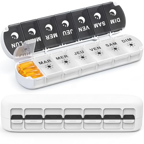 mossime Pilulier Semainier Pliable 7 Jours Matin Et Soir, 14 Compartiments | Fermeture Magnétique, Double Protection, Format Compact, Pour Comprimés, Vitamines Et Huiles De Poisson (Noir-Blanc)