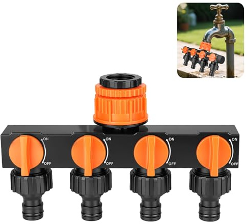URAQT Distribuidor de 4 vías, Desviador de Grifo de 3/4 y 1/2, Adaptador para Ajuste de Caudal,Riego con 4 Conectores de Manguera, el Flujo de Agua se Puede Regular y Cerrar, Naranja y Negro