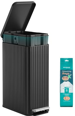 SONGMICS Mülleimer Küche, 50 L Tretmülleimer, Softclose, aus Stahl | Abfalleimer mit Pedal, mit Deckel, herausnehmbarer Inneneimer, 15 Müllbeutel, schwarz, PATIA Kollektion LTB350BZ02
