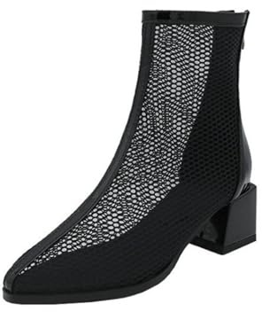 Genérico Botas Mujer Punta Cuadrada Tacón Bloque Malla Botines Tobillo Rodilla Alta Parte Superior Malla Transparente Ribete Charol Cuero Cierre Cremallera,Negro,41 EU