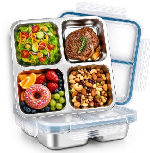 2 fiambreras de 720 ml con compartimentos de acero inoxidable para niños y adultos | Fiambrera a prueba de fugas con tapa para escuela, trabajo y camping