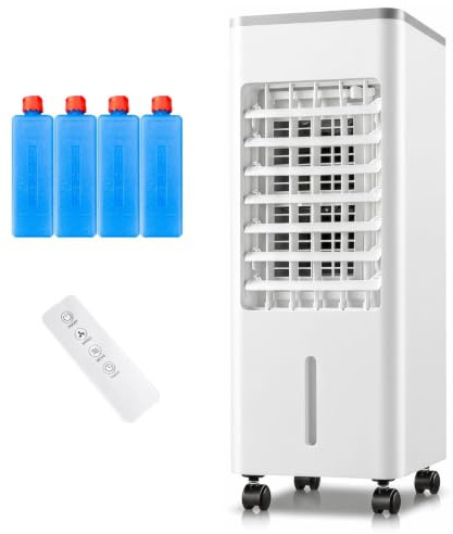 4-in-1 Air Cooler 6L Mobile Klimaanlage ohne Abluftschlauch,Luftkühler Verdunstungskühler,Fernbedienung Klimagerät mobil leise,mit 4 Kühlakkus,3 Windstufen,7.5H Timer,Luftbefeuchter Luftreiniger