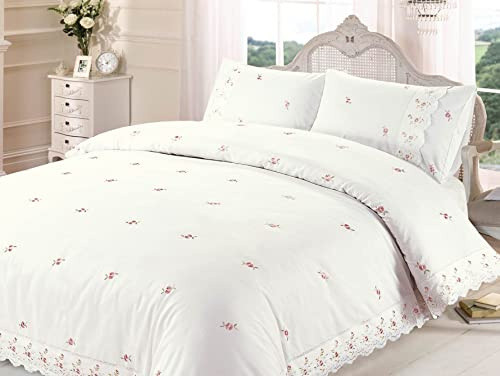 Rapport Home Housse de Couette Bordure en Dentelle Florale Ensemble de lit brodé, Polyester Coton, crème, 3 pièces, Double