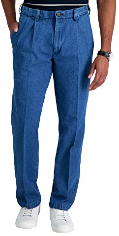 Haggar Men's Work To Weekend Hidden Expandable Waist Denim Pleat Front Pant,Light Stonewash,34x32