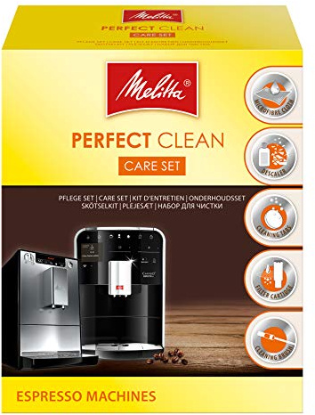 Melitta Kit d'Entretien, Pour Machines à Café Automatiques, 1 Détartrant, 4 Pastilles de Nettoyages, 1 Cartouche Filtrante, 1 Tissu Microfibre, 1 Brosse