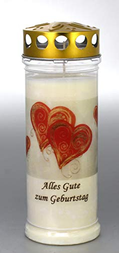 Grablicht,Grabkerze Herzen, Alles Gute zum Geburtstag - Brenndauer ca. 7 Tage, 20x7,5 cm - 3844 - Grabkerze, Ttrauerkerze mit Motiv und Spruch - Qualitäts-Grablicht mit Deckel als Wetterschutz