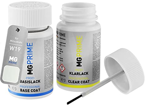 MG PRIME Autolack Lackstift für Mitsubishi W19 White Solid + Klarlack | Islandweiss, Set aus Basislack + Klarlack, Lackfläschchen mit Pinsel, je 50ml