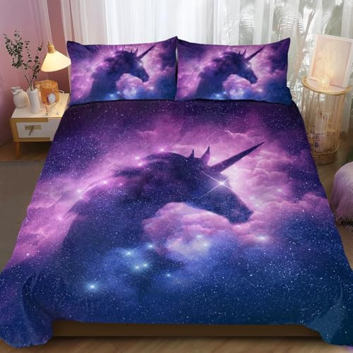 BlessLiving Galaxy Unicorn Pink Duvet Cover Set 3-Piece Single | Psychedelic style; For kids and girls; Pattern details: Psychedelic Space Purple Sparkly Unicorn