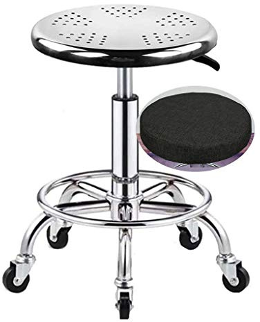 Load-Bearing 440Ibs Heavy Duty Adjustable Height Stainless Steel Structure Work Shop Stool Round Cushion,with Thick seat Cover, PU Silent Wheel, Salon Rolling Stool Swivel Chair On 5 Wheels (B)