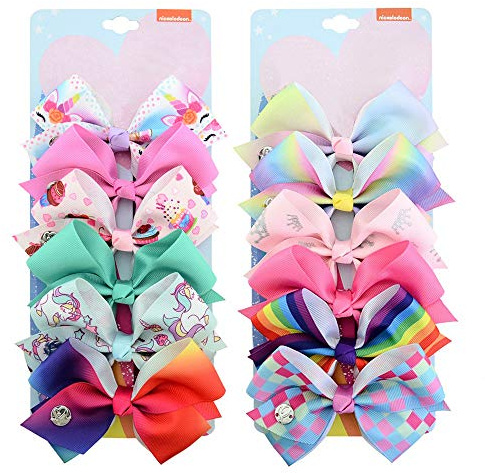 12Pcs/Set Baby Girl Hair Bows, Kalolary 5 inches Mermaid Unicorn Rainbow Alligator Clips Grosgrain Ribbon Hair Barrettes for Toddler Teens Kids Girls