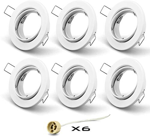 KYOTECH OPPER 6x Marcos de focos empotrados Techo Orientable incl. portalampada GU10,Para Lámparas LED y halógenas,Dimensiones Ø85×20mm Orificio de montaje Ø68mm,Redondo blanco mate,IP23
