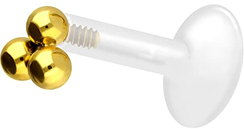 PIERCINGLINE PTFE Labret mit Gewinde TITAN AUFSATZ 3 KUGELN Piercing Lippe Nase Ohr Helix Goldfarben 1,2 x 5 mm