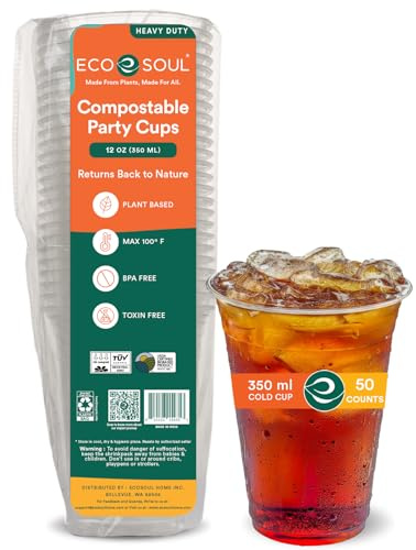 ECO SOUL 50 Compostable Clear Plastic Cups 12 Oz (350 ml) - Eco-Friendly Disposable Cups for Parties, Iced Coffee, Smoothies, Beer & Cold Drinks - Plant-Based, Biodegradable, Recyclable