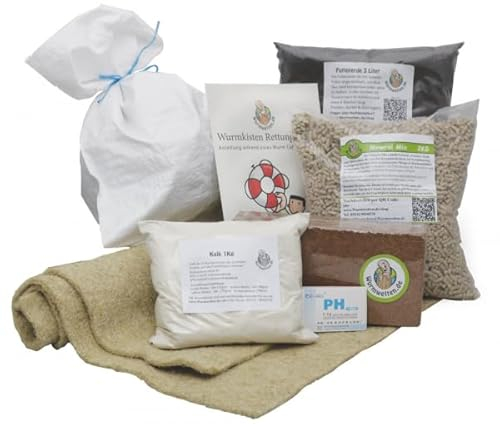 Wurmkisten Starter Set mit ca. 500 Kompostwürmern – MiKoWa Wurmfarm Zubehör – Eisenia Mix, Mineralfutter, Hanfmatten, pH-Test – Kompostwürmer Set für Kompostierung & Wurmkomposter