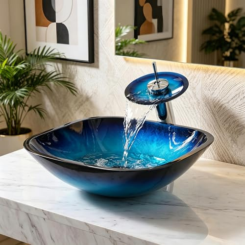 Lonuebu 17 Blue Bathroom Vessel Sink,Square Tempered Glass Washing Sink Bowl with Waterfall Faucet And Drain, Artistic Bowl Sinks for Bathroom