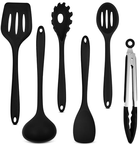 Küchenhelfer Set, Onader 6 Teiligs Silikon Küchenutensilien Kochutensilien Set, Hitzebeständiger Kochbesteck Set zum Kochen, Spülmaschinenfest – Schwarz