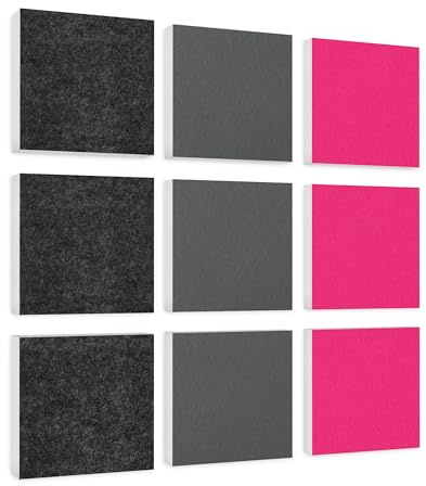 platino24 Akustikpaneele 9 Elemente Colore Quadrat 27,5 x 27,5 cm Anthrazit + Grau + Fuchsia I Schallabsorber aus Basotect G+ mit Akustikfilz I Schalldämmung Wand & Decke I Akustikelemente Wandpaneel