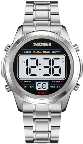 Orologio Digitale da Uomo di Lusso Sportivo Militare - LED, Impermeabile, Cronometro, Data, Dual Time 12/24H Multifunzione - Acciaio Inox