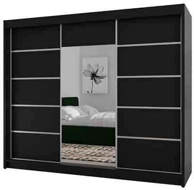 BEAUTY SOFA Monika - armoire avec Miroir - Portes coulissantes - Tiroirs à l'intérieur - Noir Croisillons Argentés, Multi-usages, Couloir, Largeur 200 cm