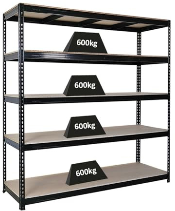 PROREGAL Profi Schwerlastregal Bison, HxBxT 200x180x60cm mit Fachlast 600kg, 5 Fachböden, Schwarz, Steckregal Garagenregal Lagerregal Werkstattregal Weitspannregal