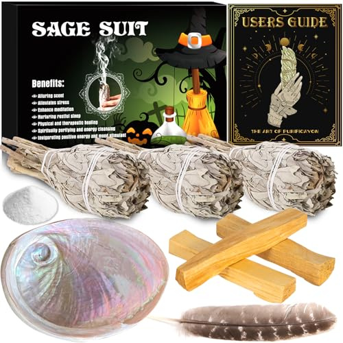 JEDWKFA Salbei Räuchern, Räucherset, Weißer Salbei Zum Räuchern, 3 Salbei + 3 Palo Santo Räucherholz + 1 Feder + 1 Abalone Muschel, Ausräuchern Negative Energie, Räucherset Hausreinigung