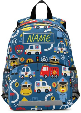 Ksajwzf Kleinkinder-Rucksack, personalisierbar, mit Namen für Kinder, Auto, Cartoons, Büchertasche für Jungen und Mädchen, 3–6 Jahre, personalisierbar, bunt, Autos, Bus, Kindergarten, Vorschule,