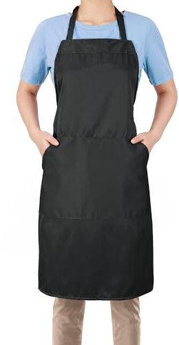 Delantal de cocina para hombre y mujer - Delantal negro ajustable con 1 bolsillo grande - 80 % poliéster + 20 % algodón - para cocinar, hornear, limpiar y más