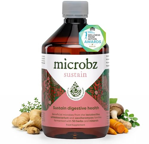MICROBZ Sustain Liquid Gut Health Supplement, Live Cultures, 31 Serv, Vegan | 15 strains of microbes from soil fermented with 50+ herbs & greens, digestive support, dairy and sugar free, no fridge, 475ml