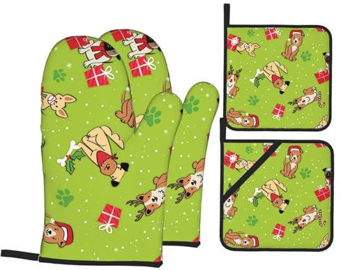 Ofenhandschuhe und Topflappen-Sets mit weihnachtlichem Hundeknochen, hitzebeständig, Küchen-Backhandschuhe, rutschfeste Oberfläche zum Kochen, Backen, Grillen, Grillen