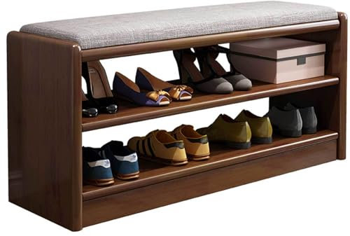 Banco para Zapatos de Entrada con cojín Acolchado y Zapatero de Madera para Guardar Zapatos, Color Nogal, 40,6 x 13,8 x 17,7 Pulgadas
