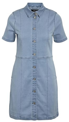 Noisy May Womens Denim Dress with Button Placket and Collar Short Sleeve Knee-Length, Colours:Light-Blue, Size:M