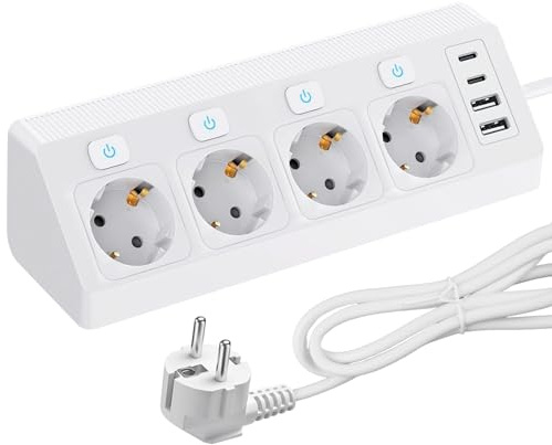 Ecksteckdose mit 2 USB und 2 USB C, 4 Fach Steckdosenleiste mit Schalter, 8 in 1 Überspannungsschutz mit 2M Kabel, Schreibtisch Steckdose, Küchensteckdose, Steckdosenleiste Wandmontage, Weiß