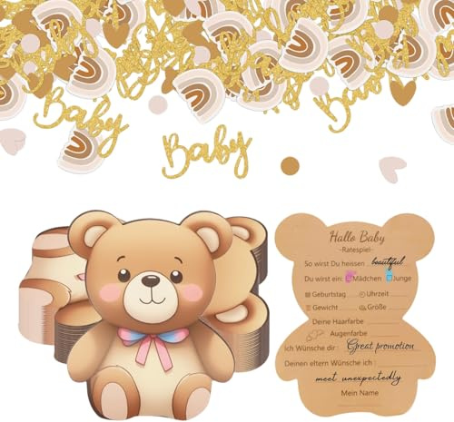 lafo Babyparty Spiele Karten 25 Stück mit Babybär Design, Babyshower Gender Reveal Deko Set inklusive 100 Konfetti, Babyparty Karten zum Ausfüllen für Junge und Mädchen