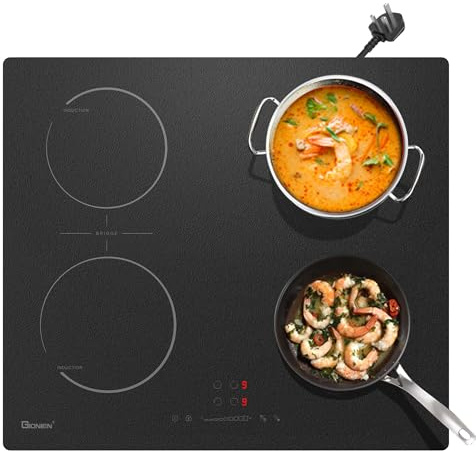 GlONlEN Plug-in Induction Hob 13Amp, 2800W,60cm Electric Cooktop with Bridge Zone, 4 Cooking Rings Cooker with Frosted Glass(Black - Frosted)