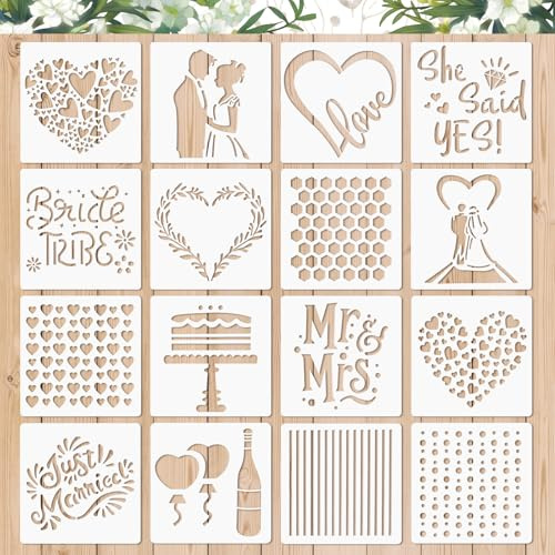 16 stencil per pittura, stencil romantico, decorazione di matrimonio, per bambini, in plastica, riutilizzabili, set di stencil per fai da te, pittura su legno, pietra, carta, tessuto, parete